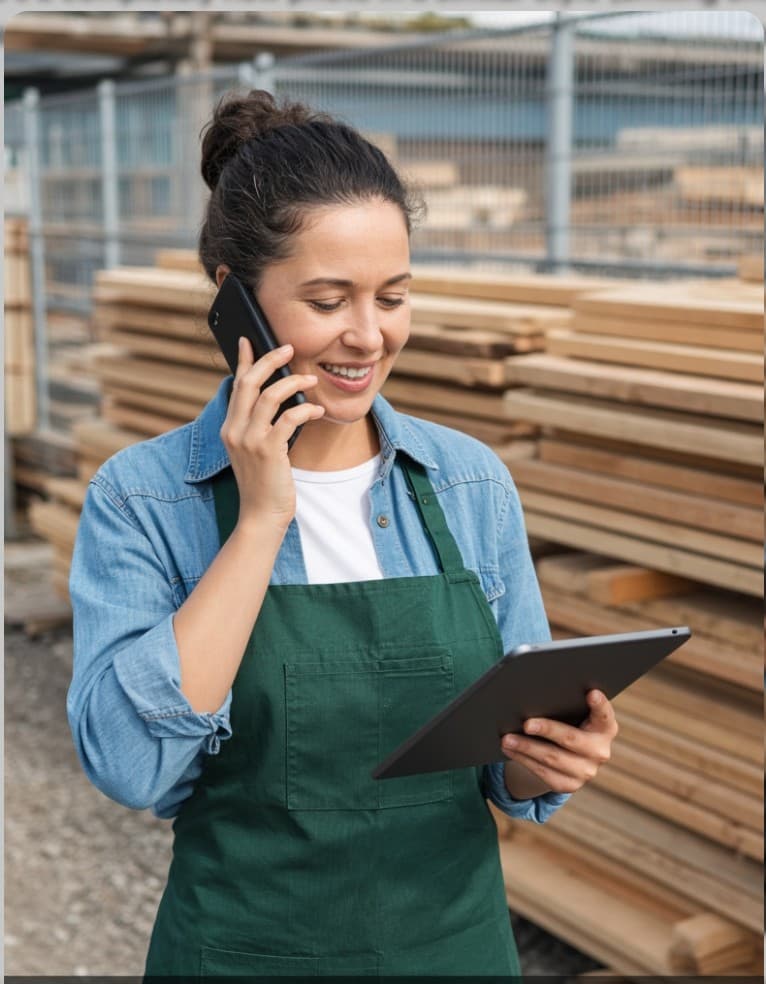 Business owner on a call while reviewing a tablet at a lumber yard