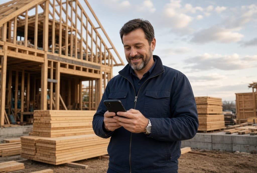 Business owner reviewing an application on a phone at a job site